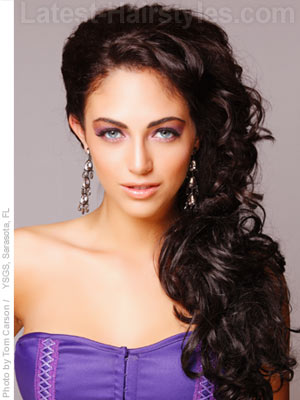 Long curly hair with side ponytail