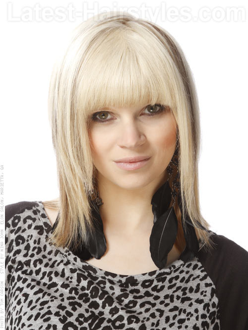Classic Blonde Shag Cut with Long Bangs Front View Classic Blonde Shag Cut with Long Bangs Front View