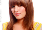 Long hair with round framed straight bangs