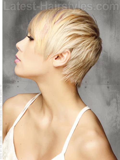 Sculpted Blonde Layered Pixie Wispy Side View