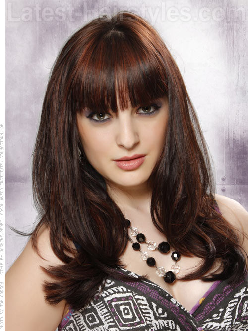 Long Brunette Bangs with Red Highlights
