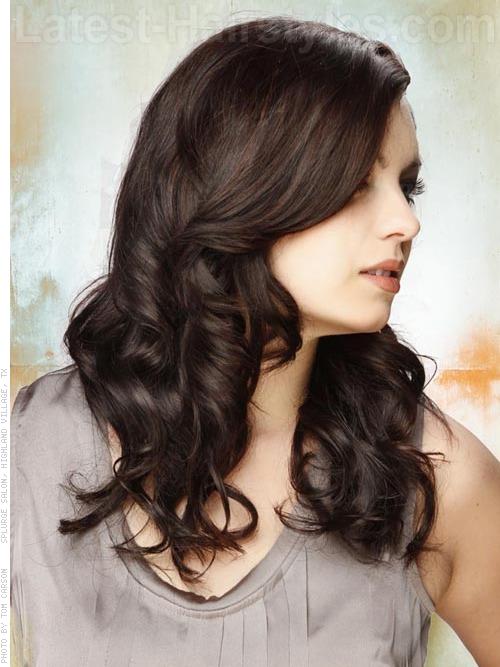 Sleek Brunette Wavy Layered Style Side View