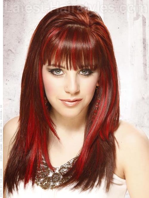 Dramatic Long Red Style with Red Bangs