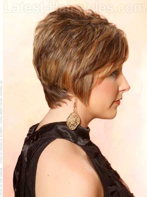 Feathered Pixie Light Brunette Highlighted Cut Side View Feathered Pixie Light Brunette Highlighted Cut Side View