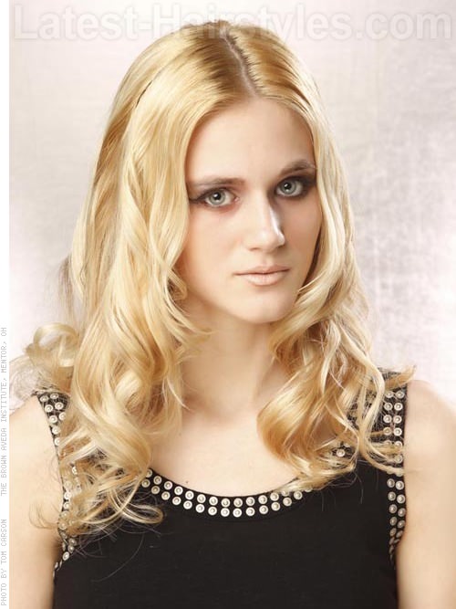 Glossy Blonde Style Added Curls Center Part