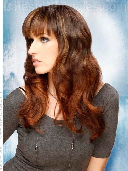 Wavy Long Brunette Hair with Long Fringey Bangs Side View