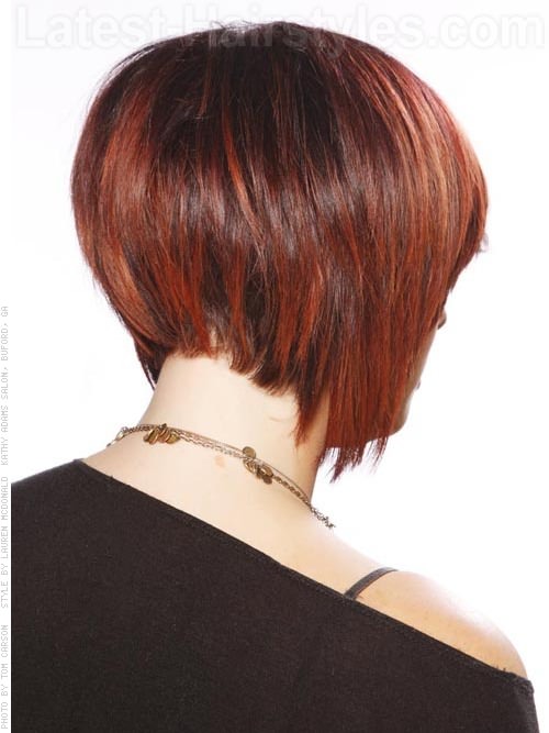 Hidden Stack Shaped Cut Brunette Style with Red Highlights Shaped Back