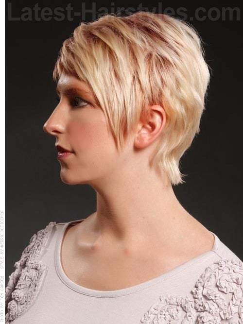 Pale Blonde Sculpted Pixie with Longer Bangs Side View