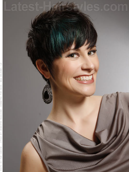 Cute Short Brunette Pixie with Blue Peacock Highlights - Front View Cute Short Brunette Pixie with Blue Peacock Highlights - Front View