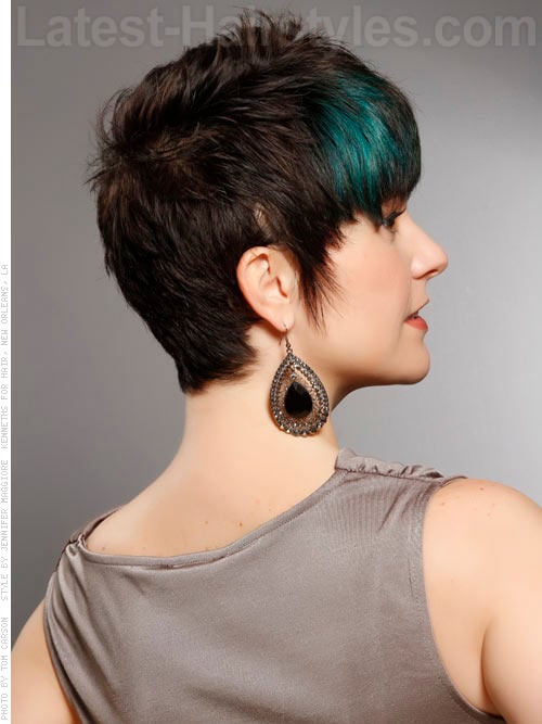Cute Short Brunette Pixie with Blue Peacock Highlights