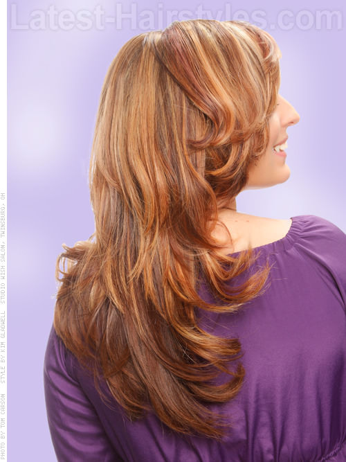 Lovely Layers Medium Length Wavy Highlighted Hair - Back View