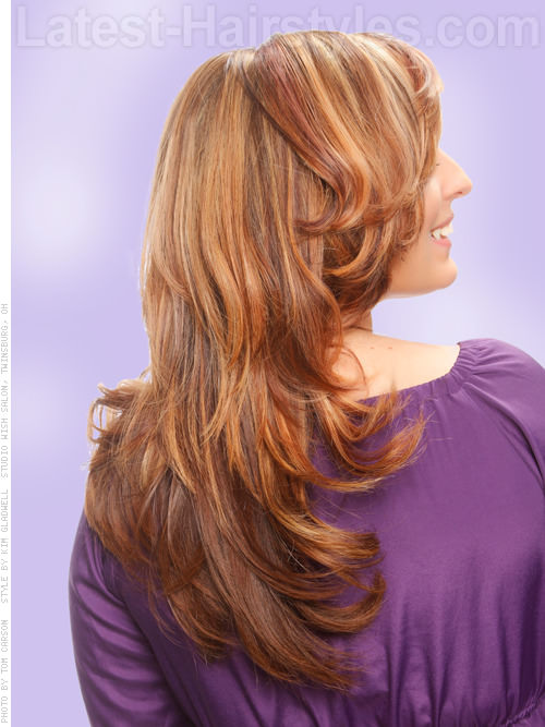 Lovely Layers Medium Length Wavy Highlighted Hair - Back View Lovely Layers Medium Length Wavy Highlighted Hair - Back View