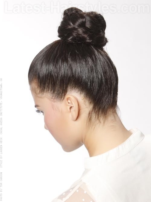 new top knot smooth sleek bun on top of the head back view 