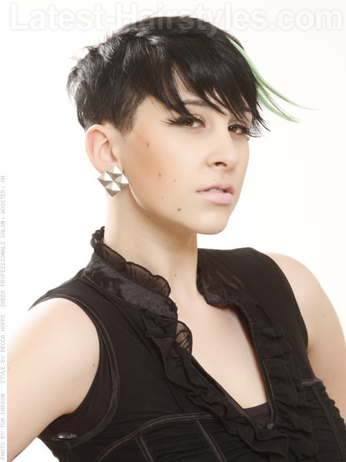 Peppermint Highlights on Funky Dark Brown Pixie Cut - Long Bangs and Flyaway Pieces