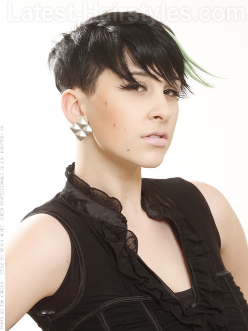 Peppermint Highlights on Funky Dark Brown Pixie Cut - Long Bangs and Flyaway Pieces Peppermint Highlights on Funky Dark Brown Pixie Cut - Long Bangs and Flyaway Pieces