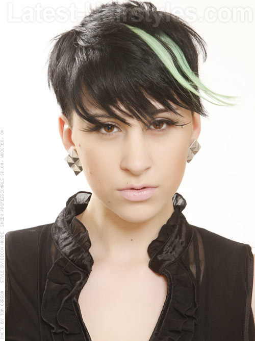 Peppermint Highlights on Funky Dark Brown Pixie Cut Peppermint Highlights on Funky Dark Brown Pixie Cut