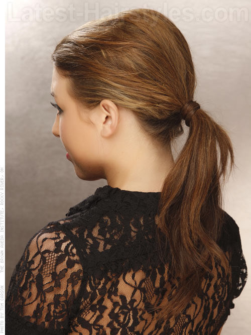 polished pony shiny brunette style with ponytail back view 