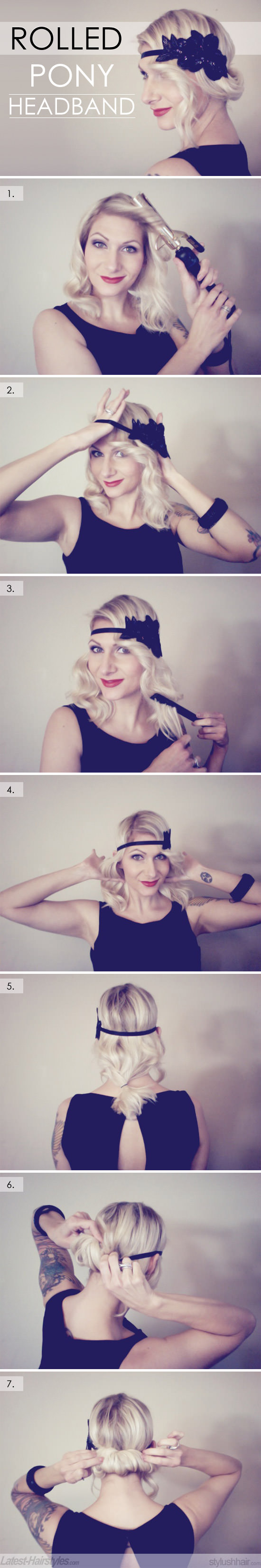 rolled ponytail with a headband hair tutorial