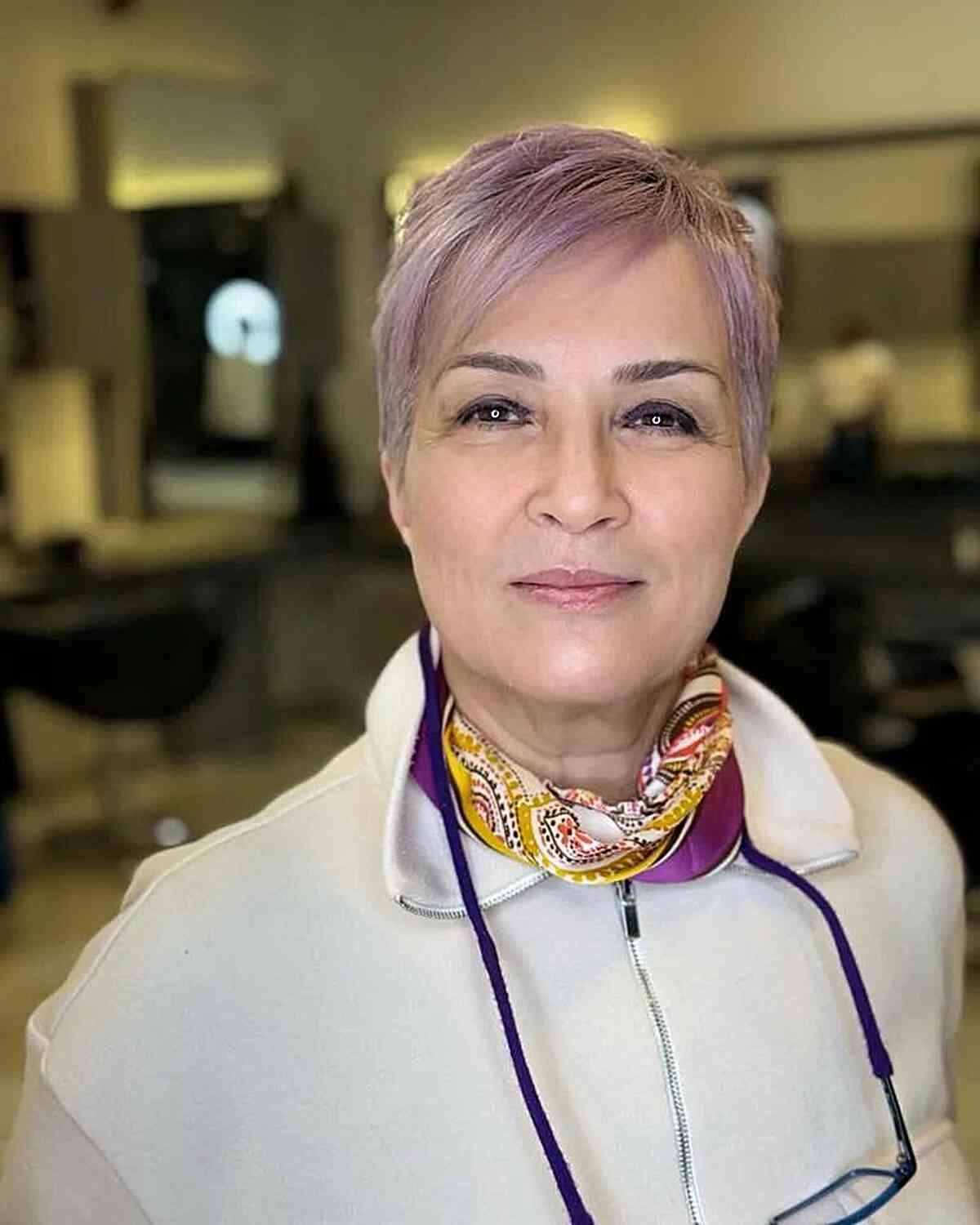 50-year-old Very Short Lavender Pixie Cut on Thin, Fine Hair
