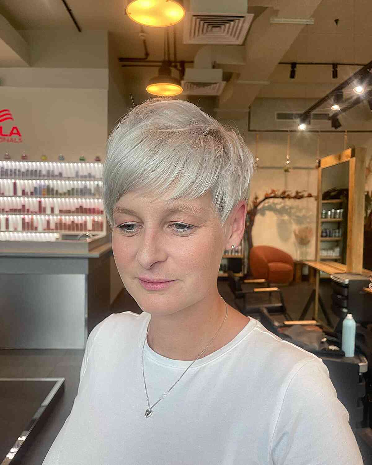 90s-Style Silver Blonde Pixie on Ladies with Fine Hair