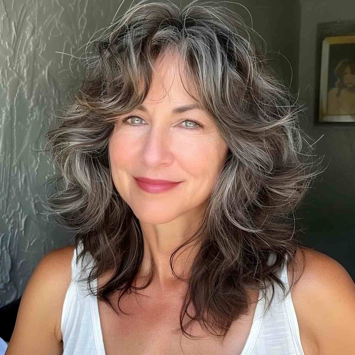 A Fluffy Medium Shag Bob for Women Over 60 with silver hair
