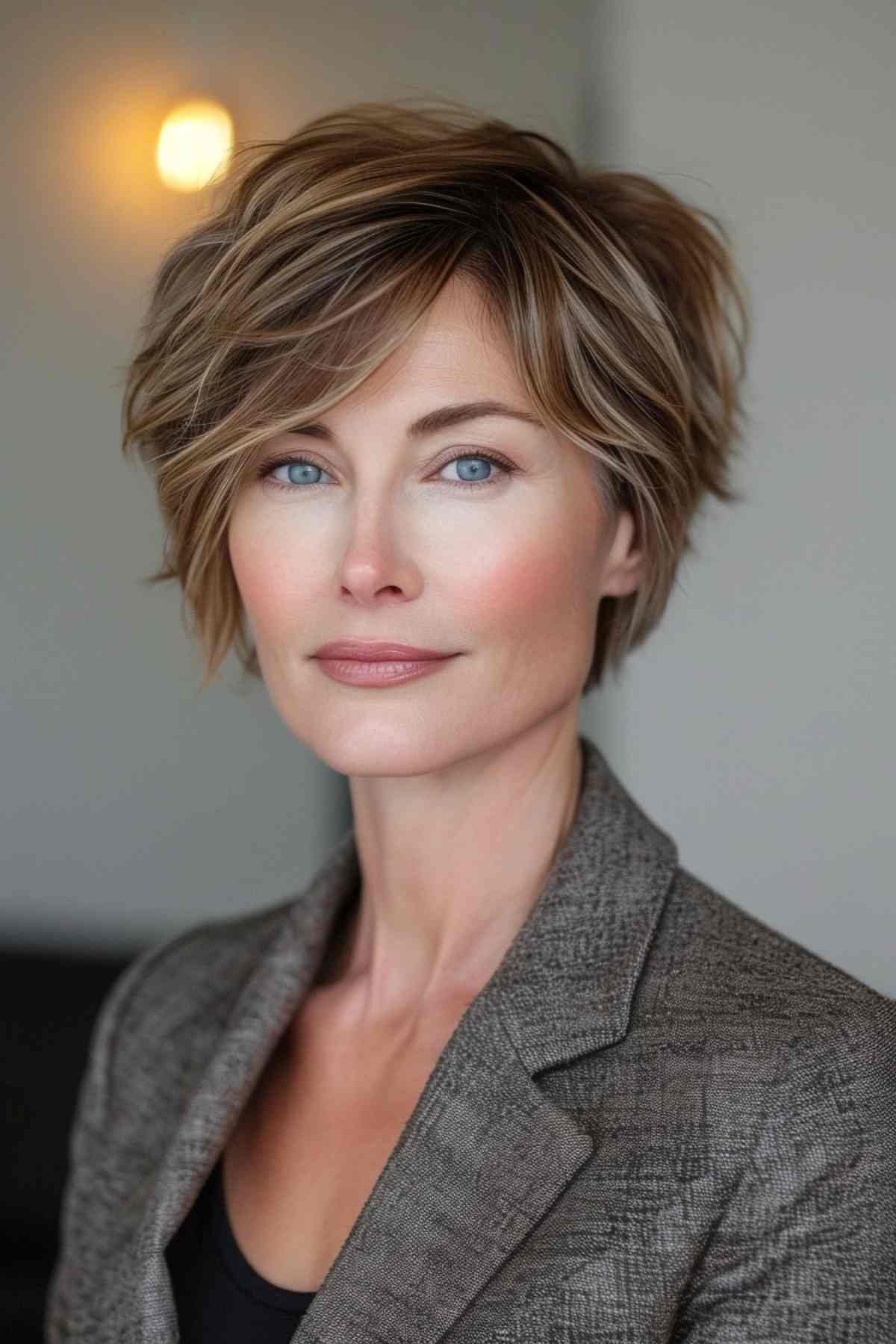 A sophisticated pixie bob with a side sweep on a middle-aged woman