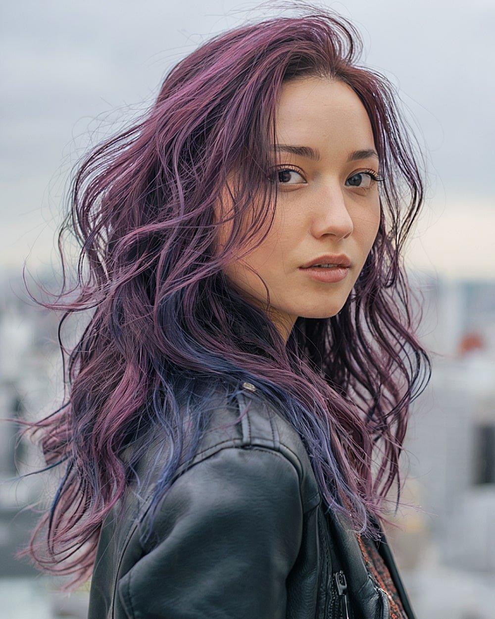 Long wavy layered hair with deep purple and blue vortex-inspired tones for alt layered style