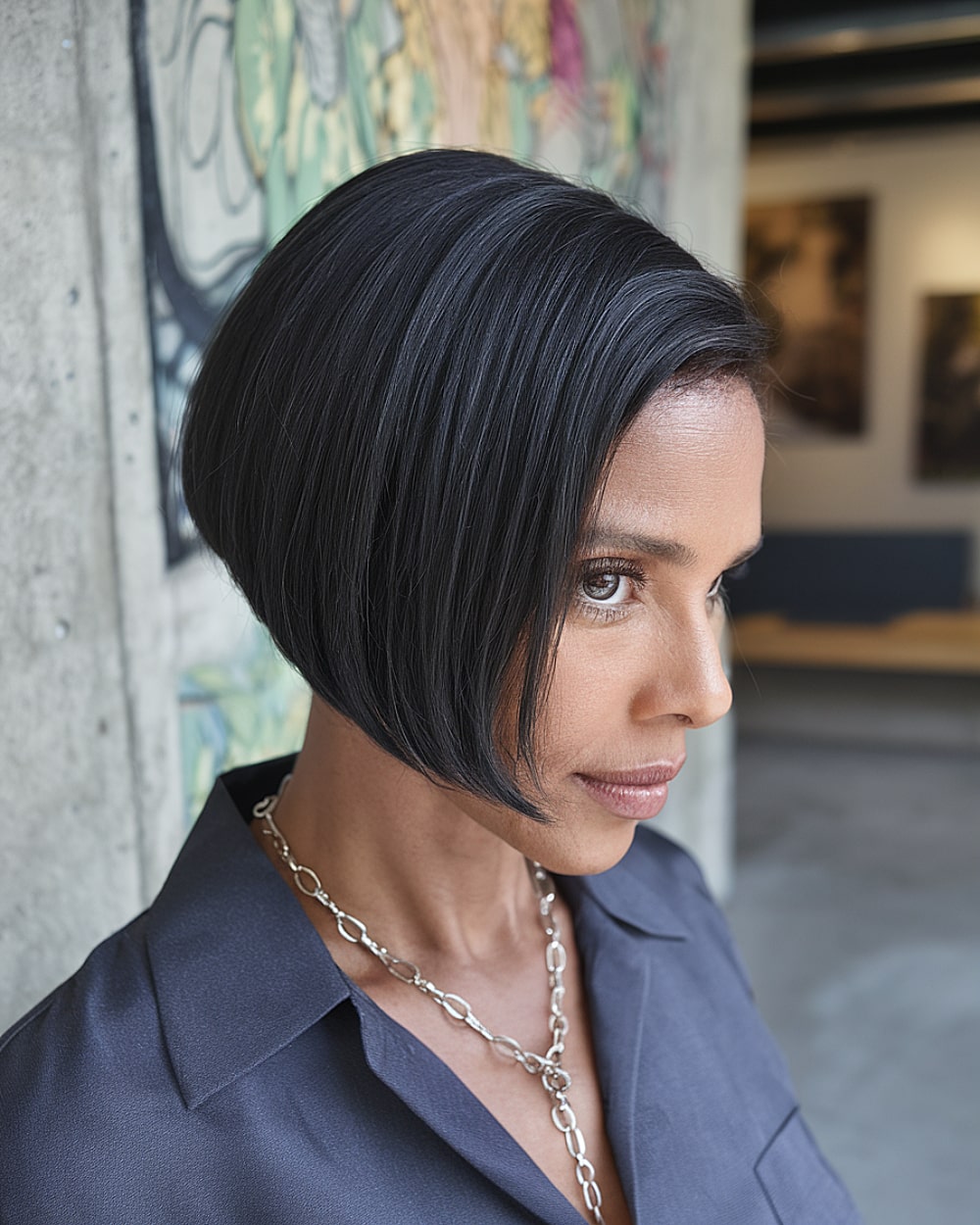Angled pixie bob haircut with bold lines and tapered back for women over 40