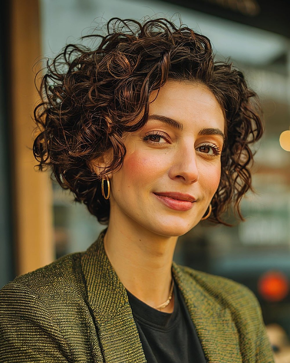 Angled stacked curly bob with chin-length curls and soft face-framing volume