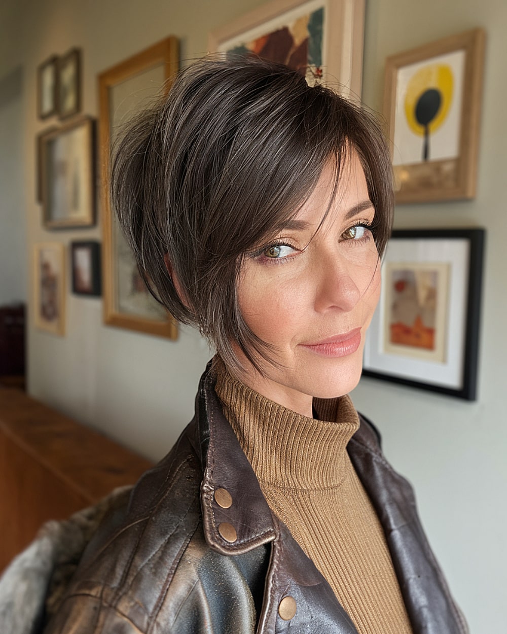 Asymmetrical pixie bob with long face-framing pieces and textured layers for women over 40