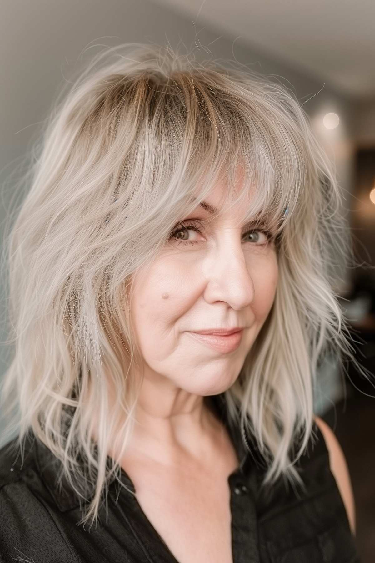 Mature woman with a choppy shag haircut and dynamic bangs that add a lively and textured look.