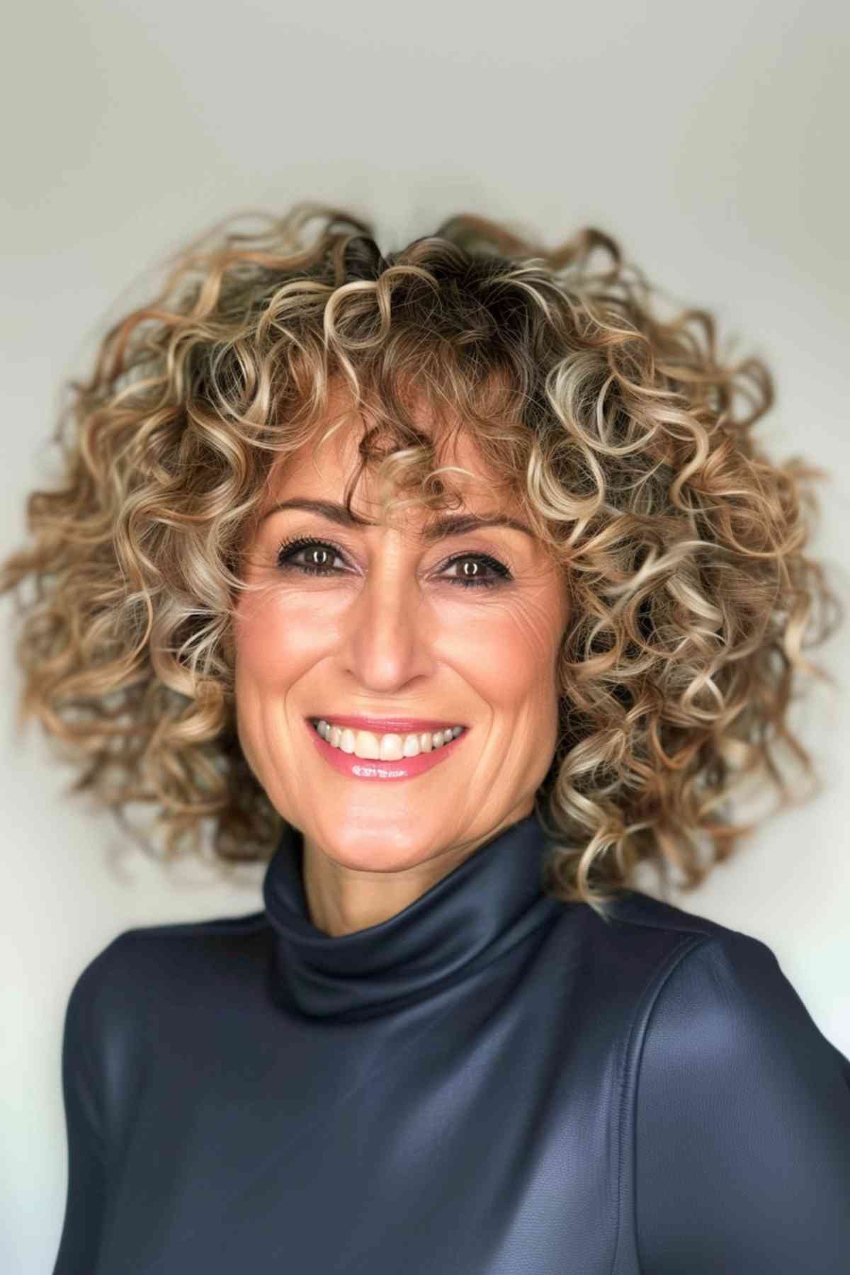 Cheerful mature woman with a full head of playful curls and face-framing bangs, exuding a joyful energy.