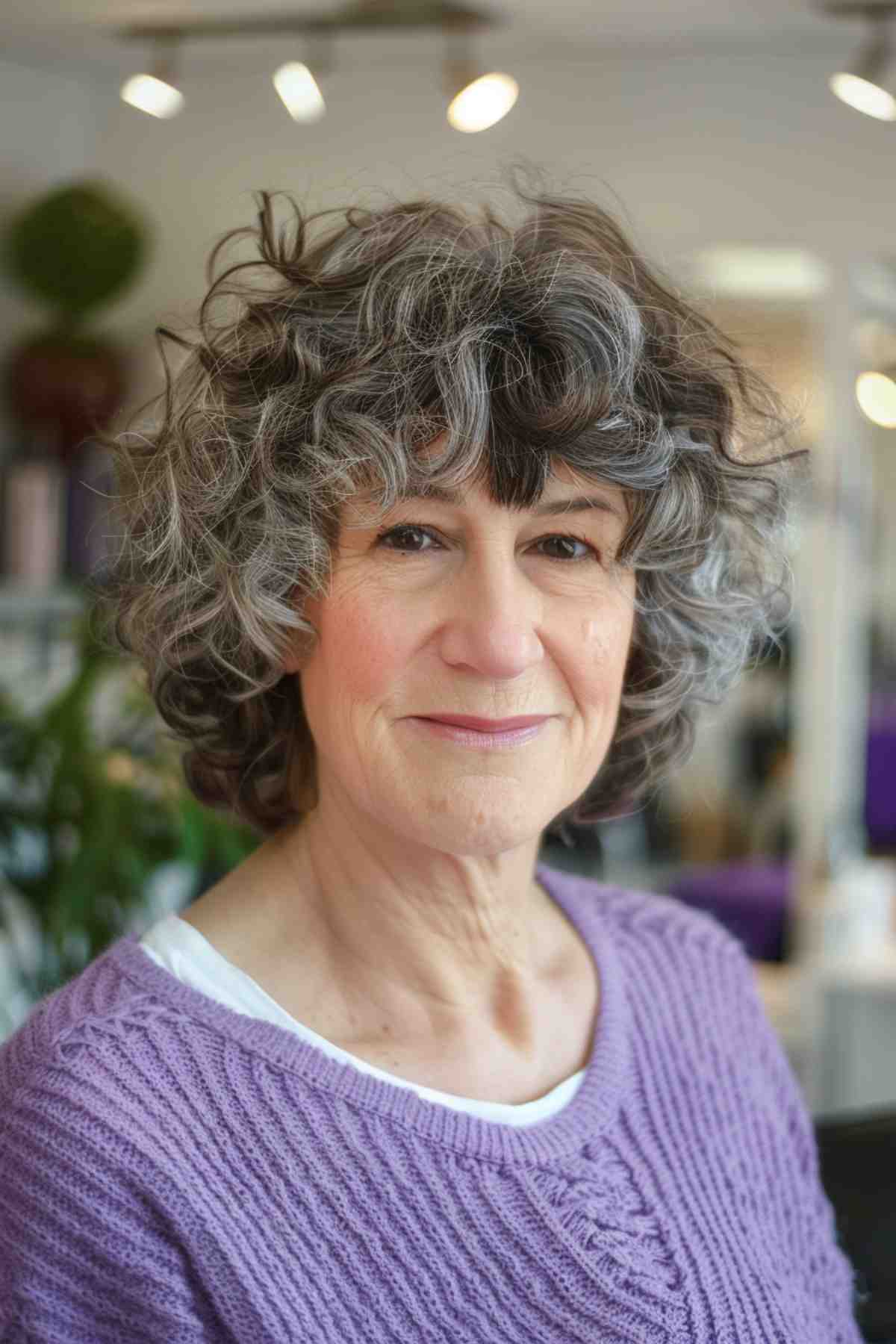 An older woman sporting a curly shag haircut with playful bangs, highlighting her natural curls for a voluminous and textured hairstyle.