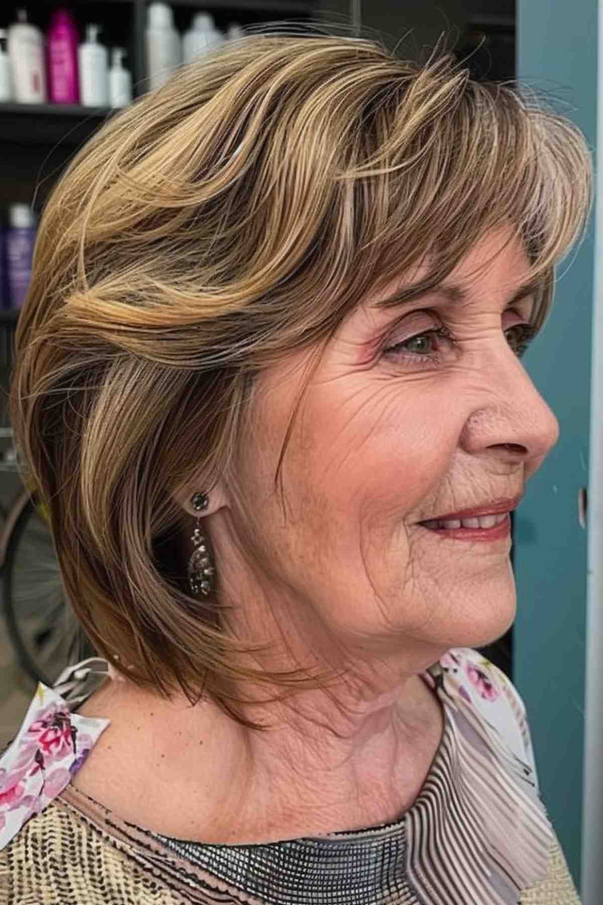 Mature woman with fine, highlighted hair and side-swept bangs for a voluminous appearance.