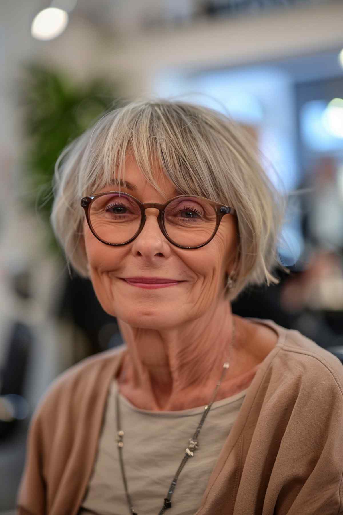 Woman over 70 wearing glasses, with a feathered haircut that offers a graceful and stylish appearance.