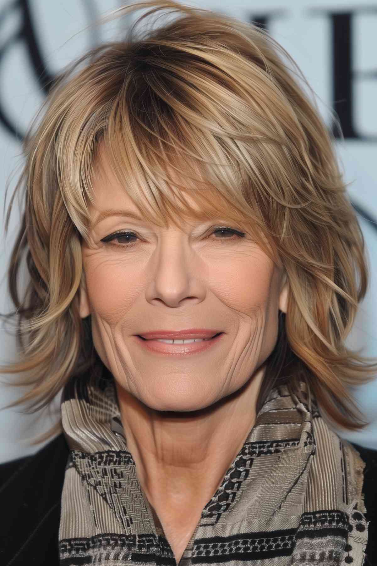 Mature woman with a layered haircut and gentle side-swept bangs, creating a flowing and flattering look.