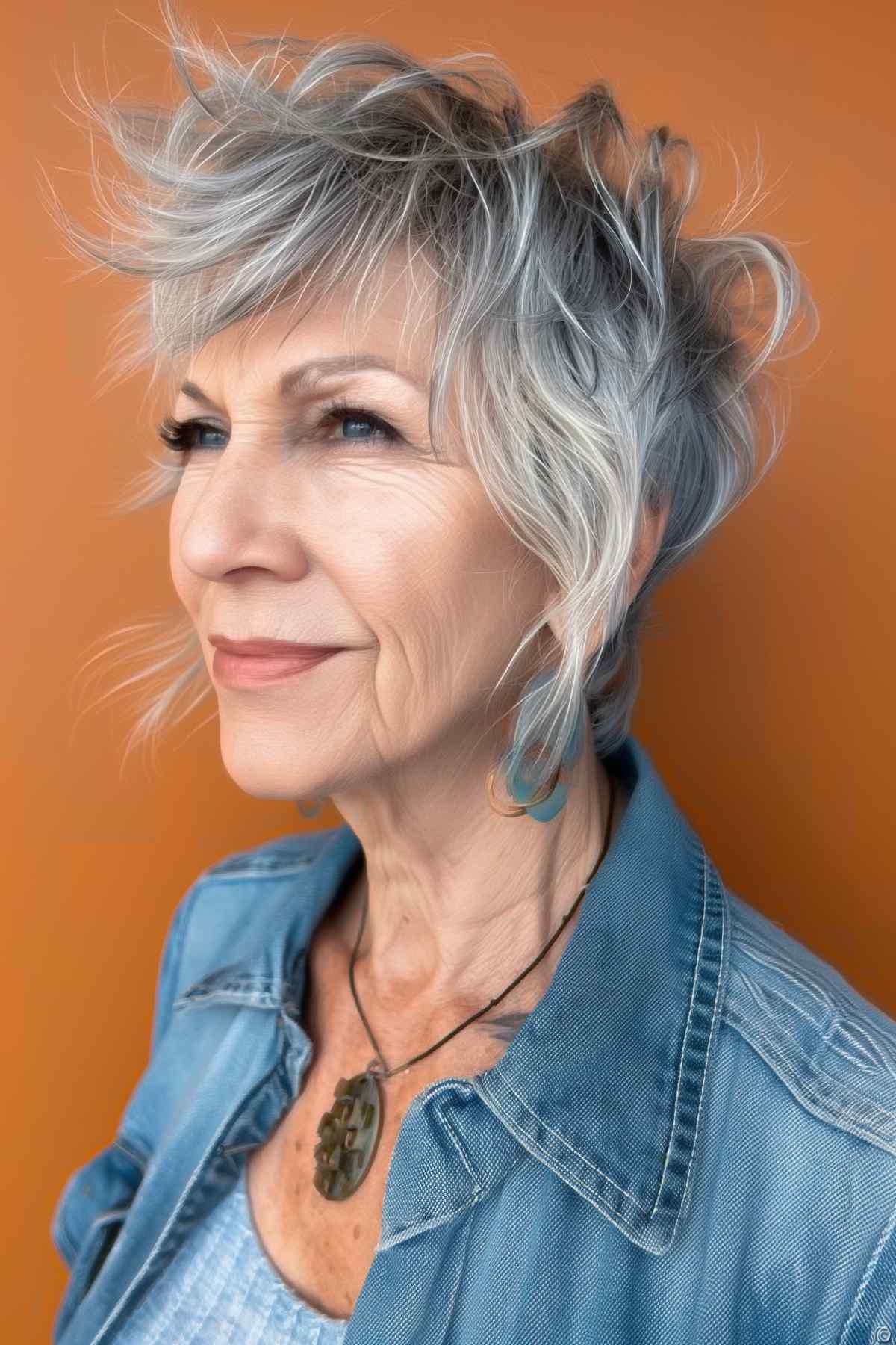 An older woman with a stylish mullet shag haircut featuring trendy bangs and voluminous silver layers for an edgy, low-maintenance look.