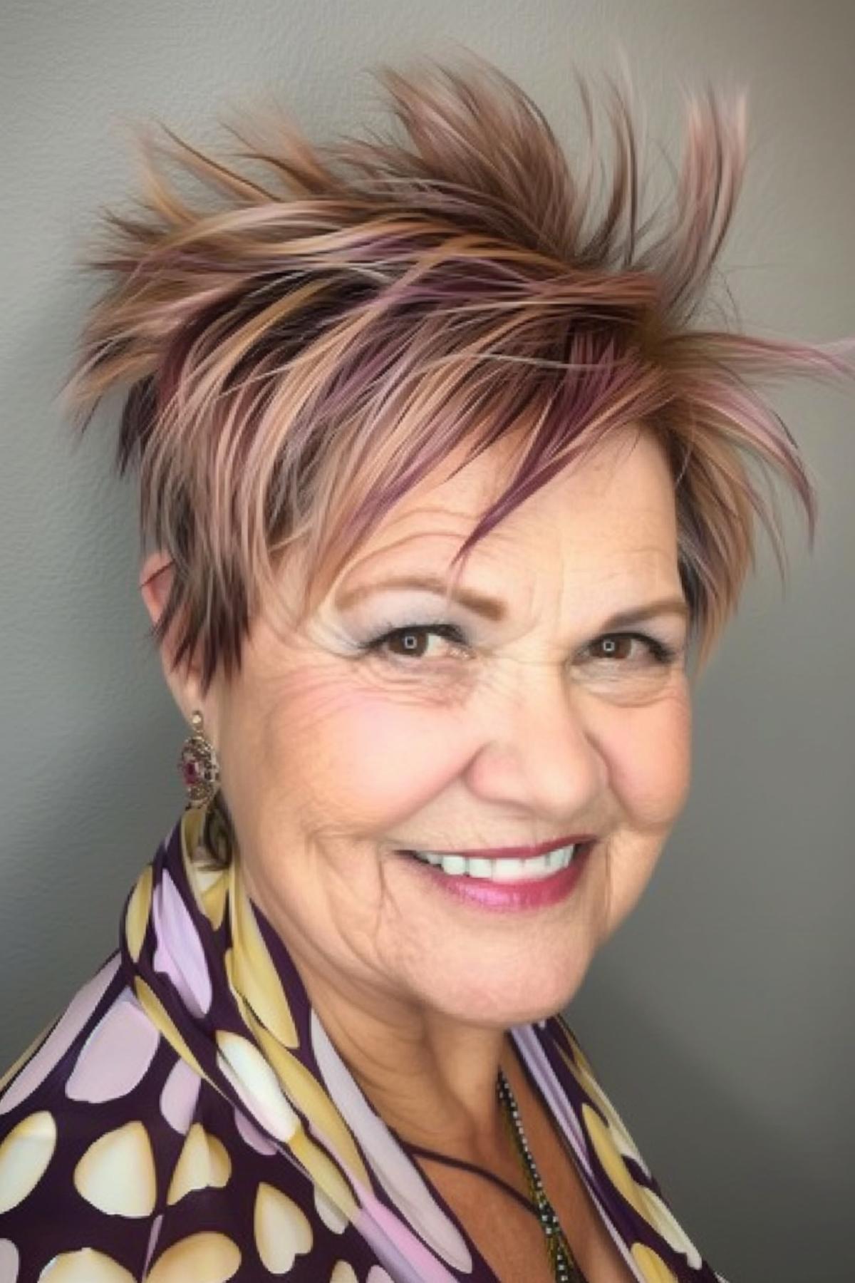 A mature woman with a pixie cut and bold, textured bangs with playful purple highlights.