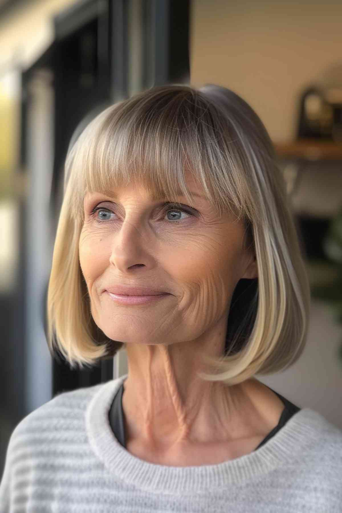 Mature woman with sleek straight bangs and a smooth bob hairstyle, giving a modern and elegant touch.