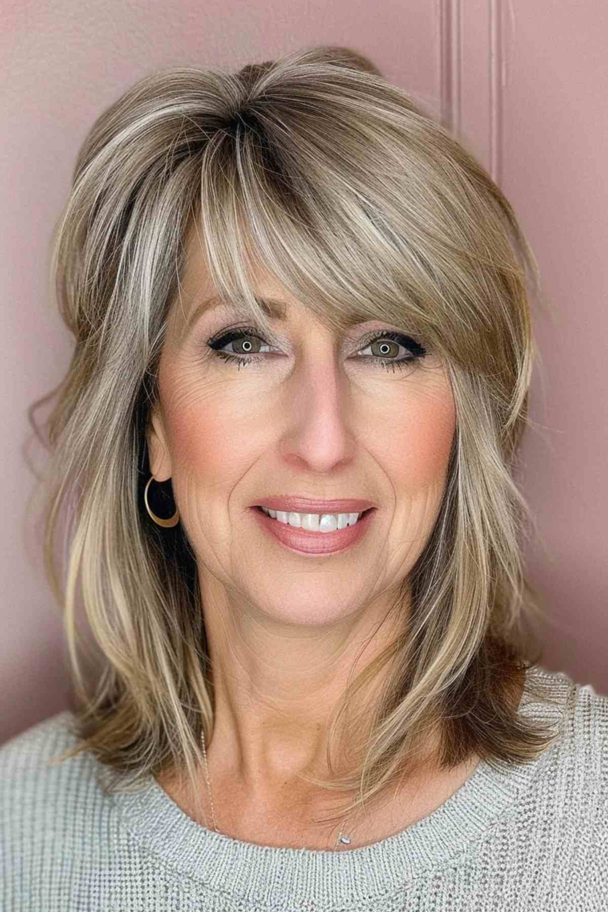 Smiling mature woman with soft layered bangs, blending into a mid-length hairstyle with natural highlights.