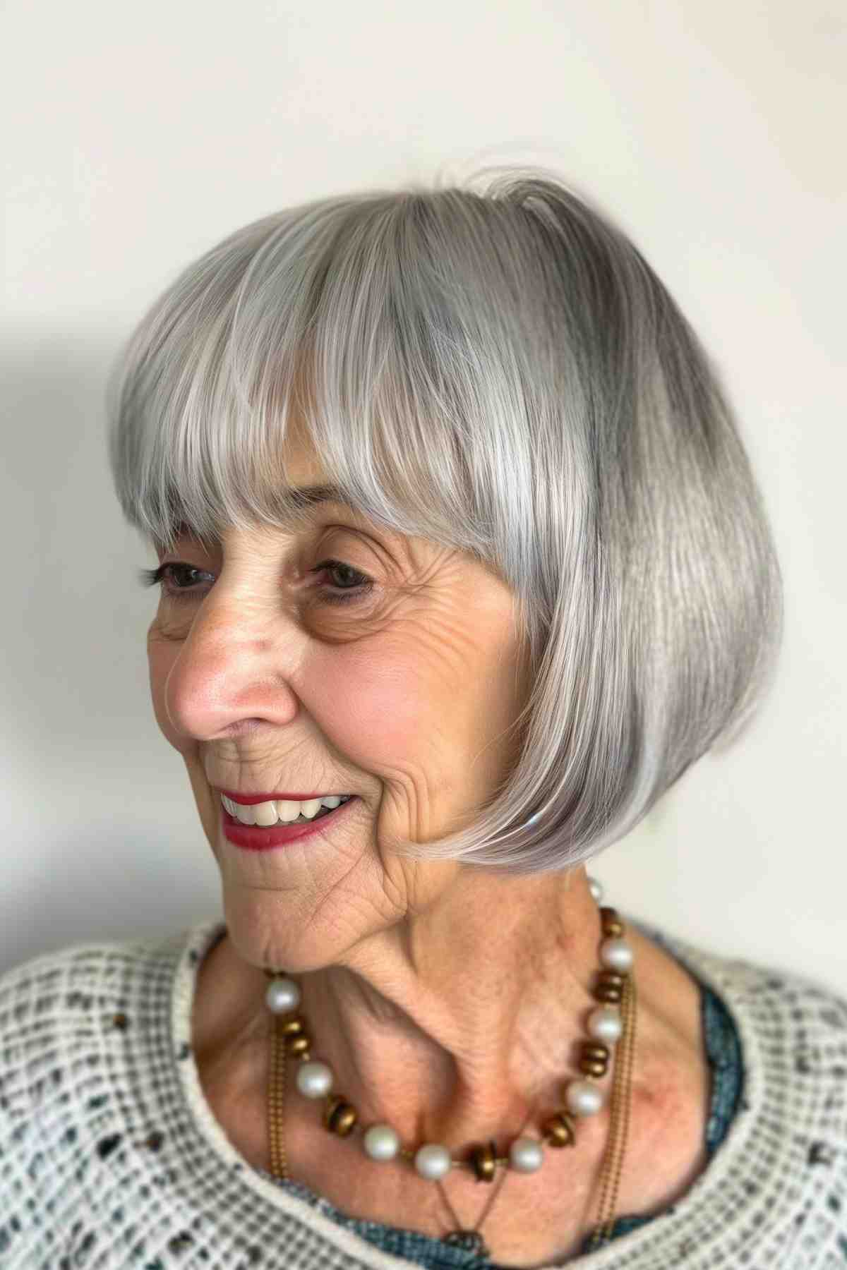 Elegant older woman with a structured stacked bob haircut and soft bangs for added volume.
