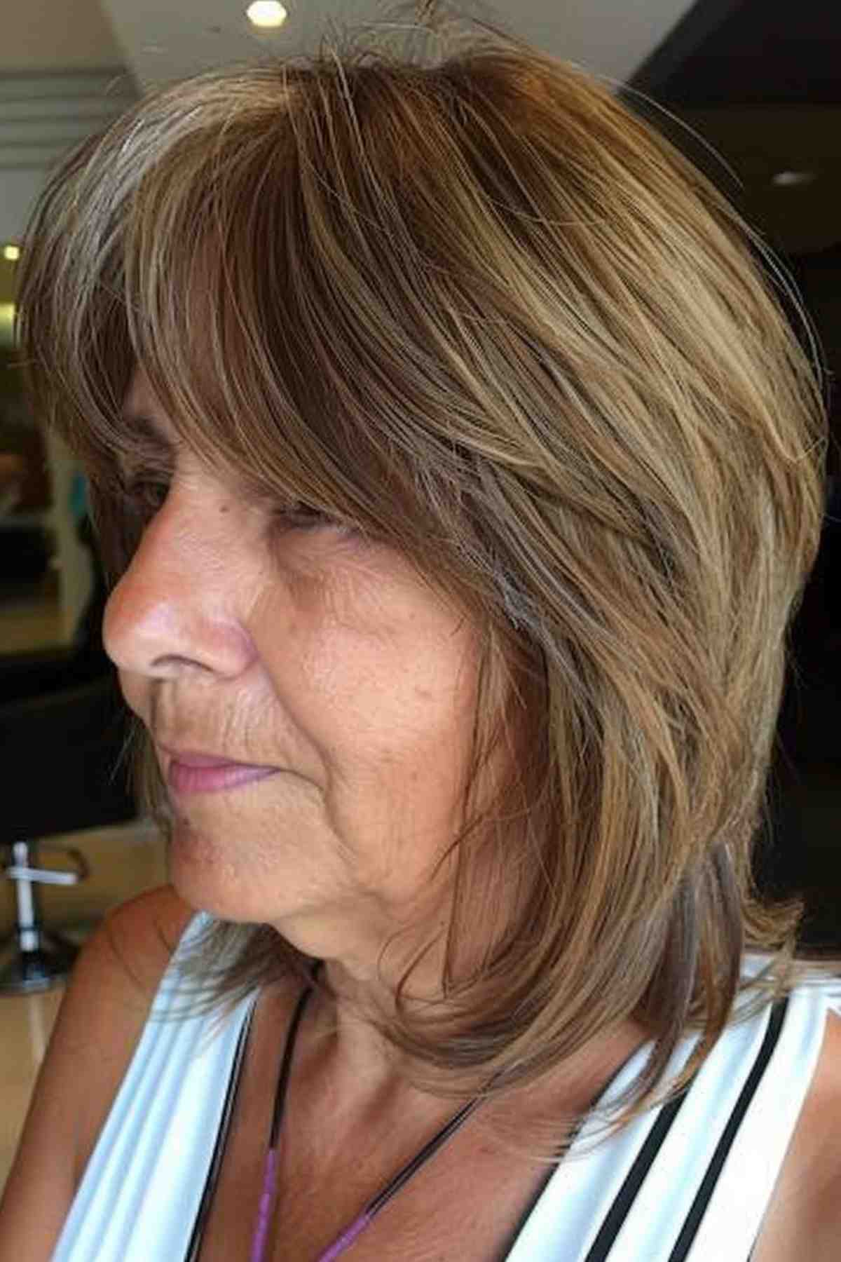 Woman with thick hair and a layered haircut featuring side-swept bangs that merge gracefully into the style.