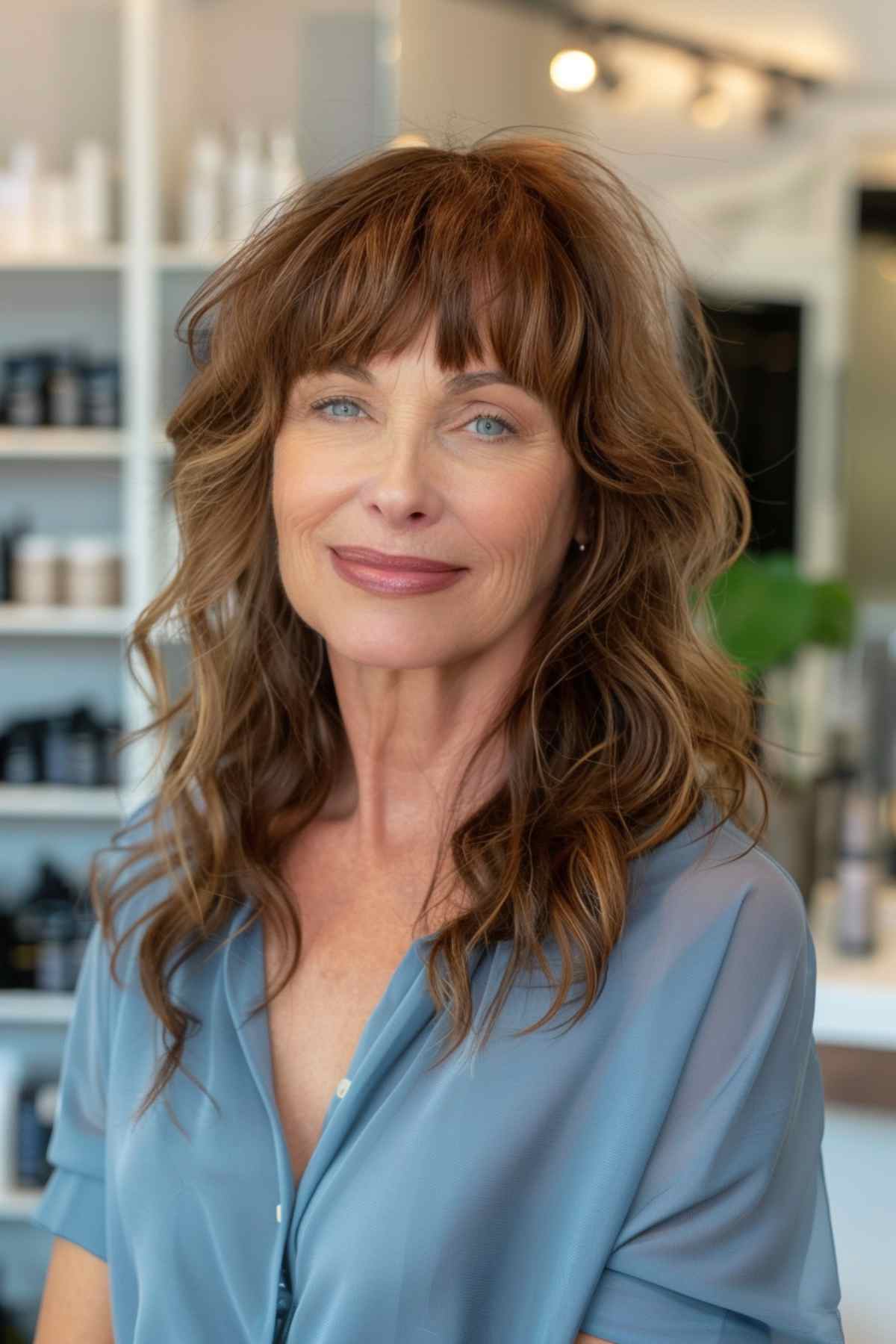 A smiling woman with layered wavy hair complemented by sweepy bangs, creating a dynamic and flattering style for heart-shaped faces. 