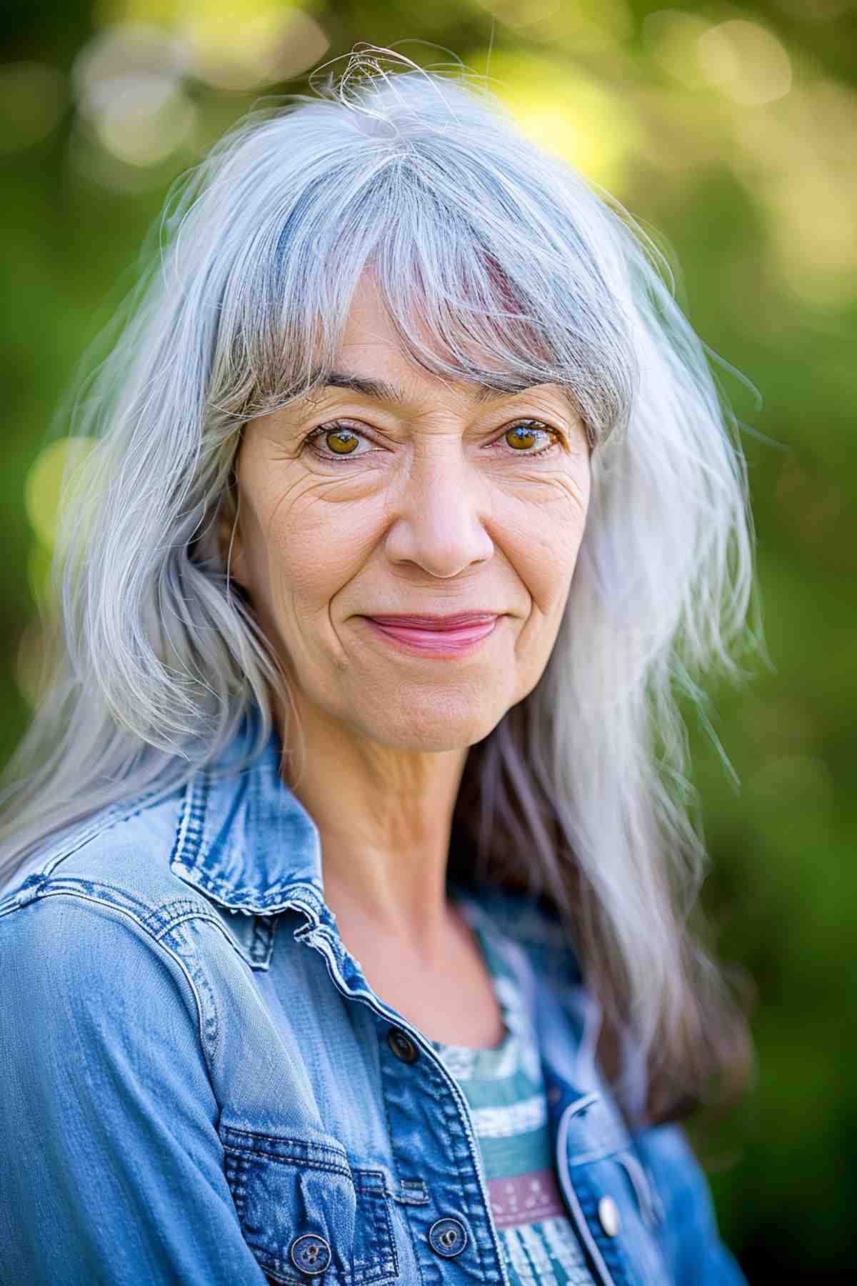 Mature woman with mid-length silver hair and feathered wispy bangs, highlighting a heart-shaped face and natural hair texture.