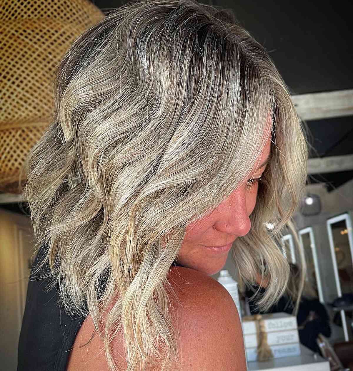 Beachy Angled Lob with Waves for Medium-Length Hair