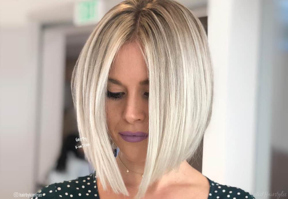 Image of Honey blonde blunt bob with a sharp edge