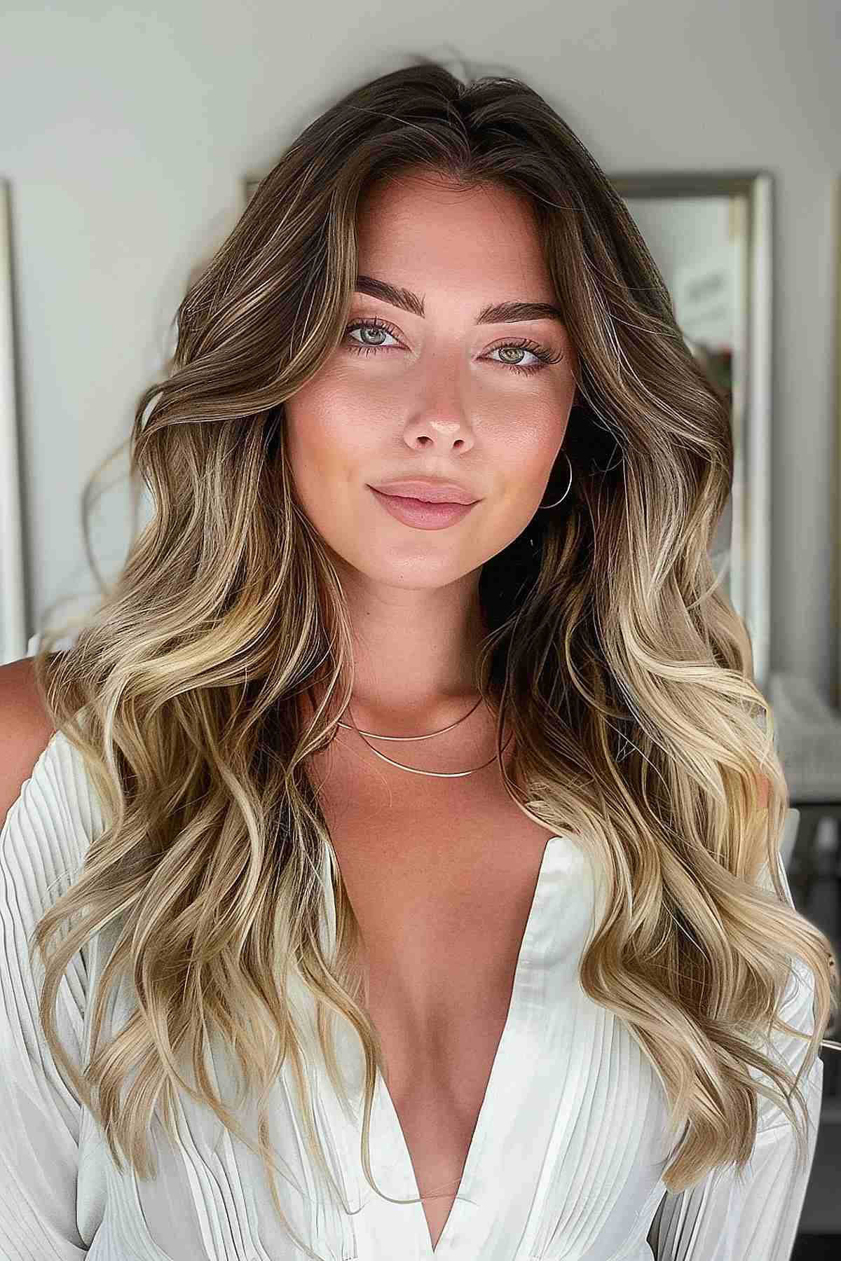 Long layered cut with soft waves for thick hair and oval face shape.