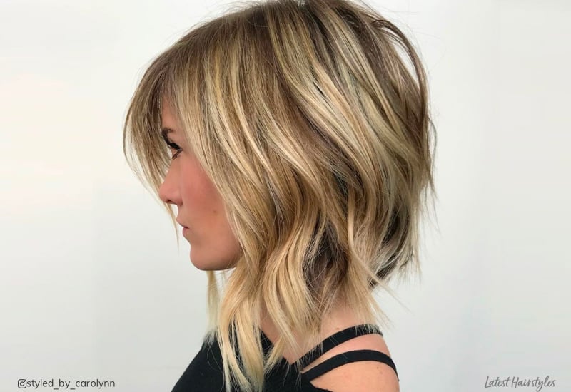 Image of Long angled bob with balayage highlights lob haircut