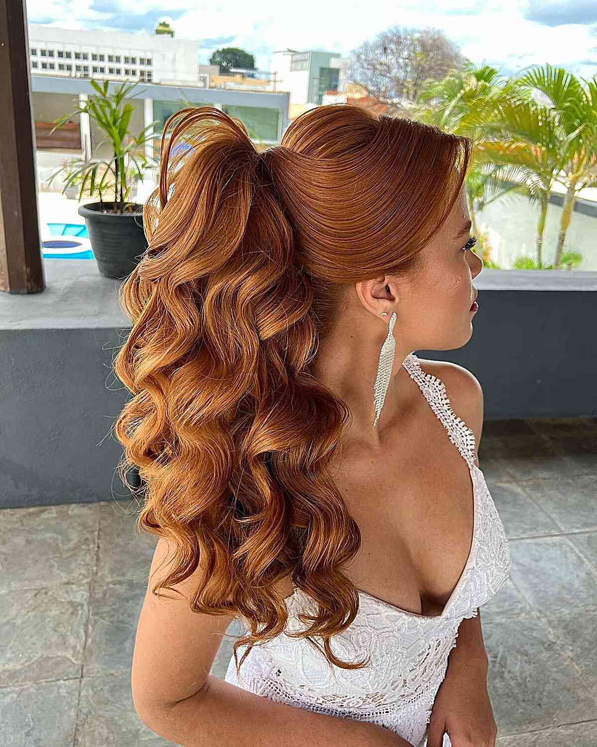 Big Copper Curly Waves for Ponytail Updo