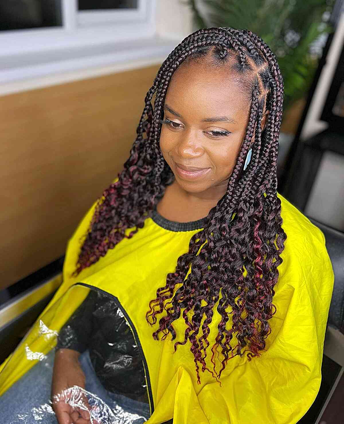 Mid-Long Black and Burgundy Medium Knotless Braids with Loose Ends